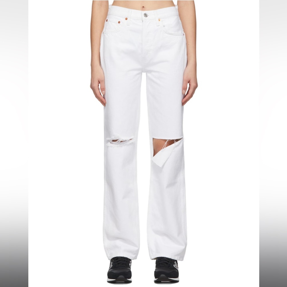 Re/Done White Distressed Straight-Leg Jeans